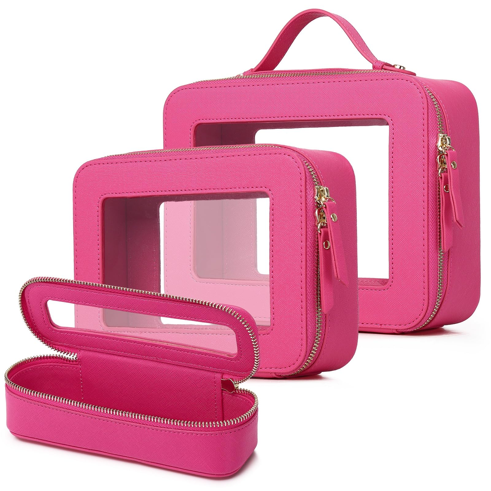 Travel Makeup Set Waterproof Transparent Cosmetic Bag and Toiletry Bag Makeup Brush case with Zipper Car Essentials for Women (Fuxia, L+M+SLIM)