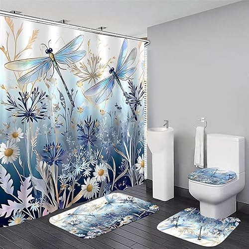 DDQQ Juego de 4 cortinas de ducha de libélula de flores azules con alfombras, plantas florales neutrales, juego de decoración de baño impermeable
