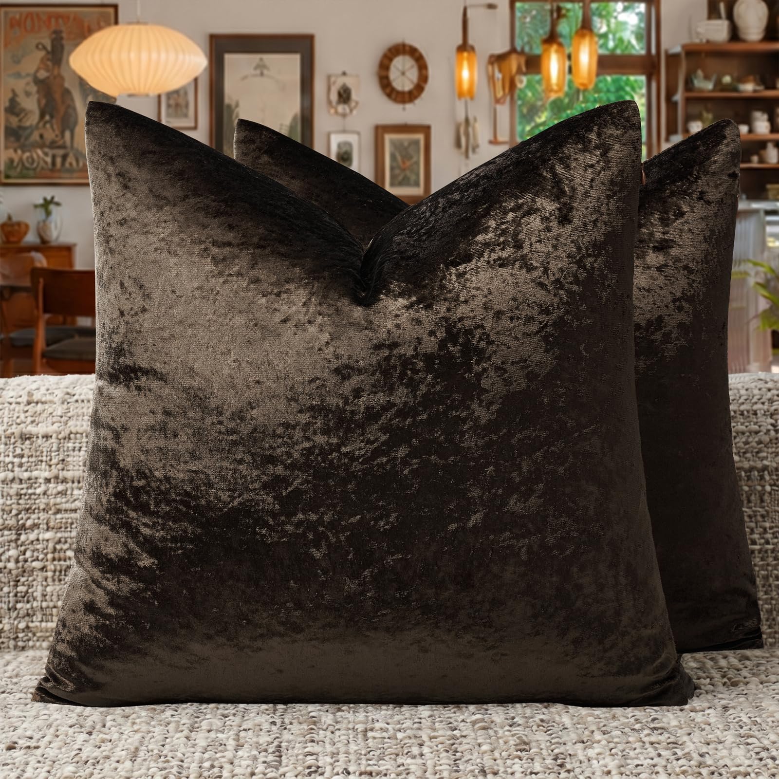 GIGIZAZA Crushed Velvet Pillow Covers - Luxury Brown 20x20 Decorative Throw Pillows Soft Covers for Couch Living Room Bed Textured Vintage Square Pillowcases Cushion Covers Pack of 2