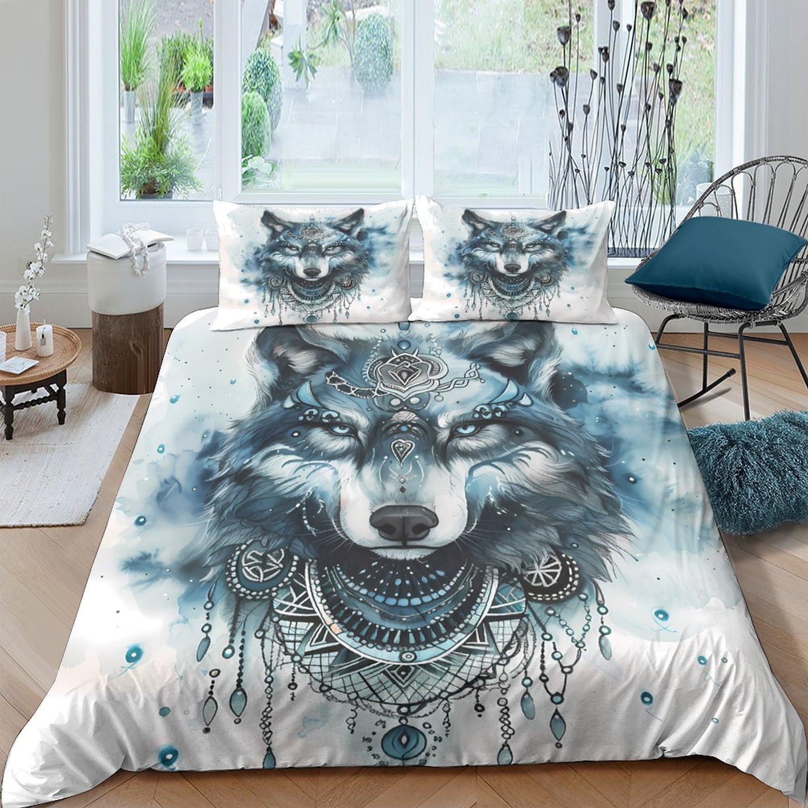 Ctjqhvkz Style-10 3D Printed Wolf Dreamcatcher Fitted Sheet Microfiber Soft Blue Artistic Bed Sheet Bedroom Decor Mattress Cover Single（135X200cm）