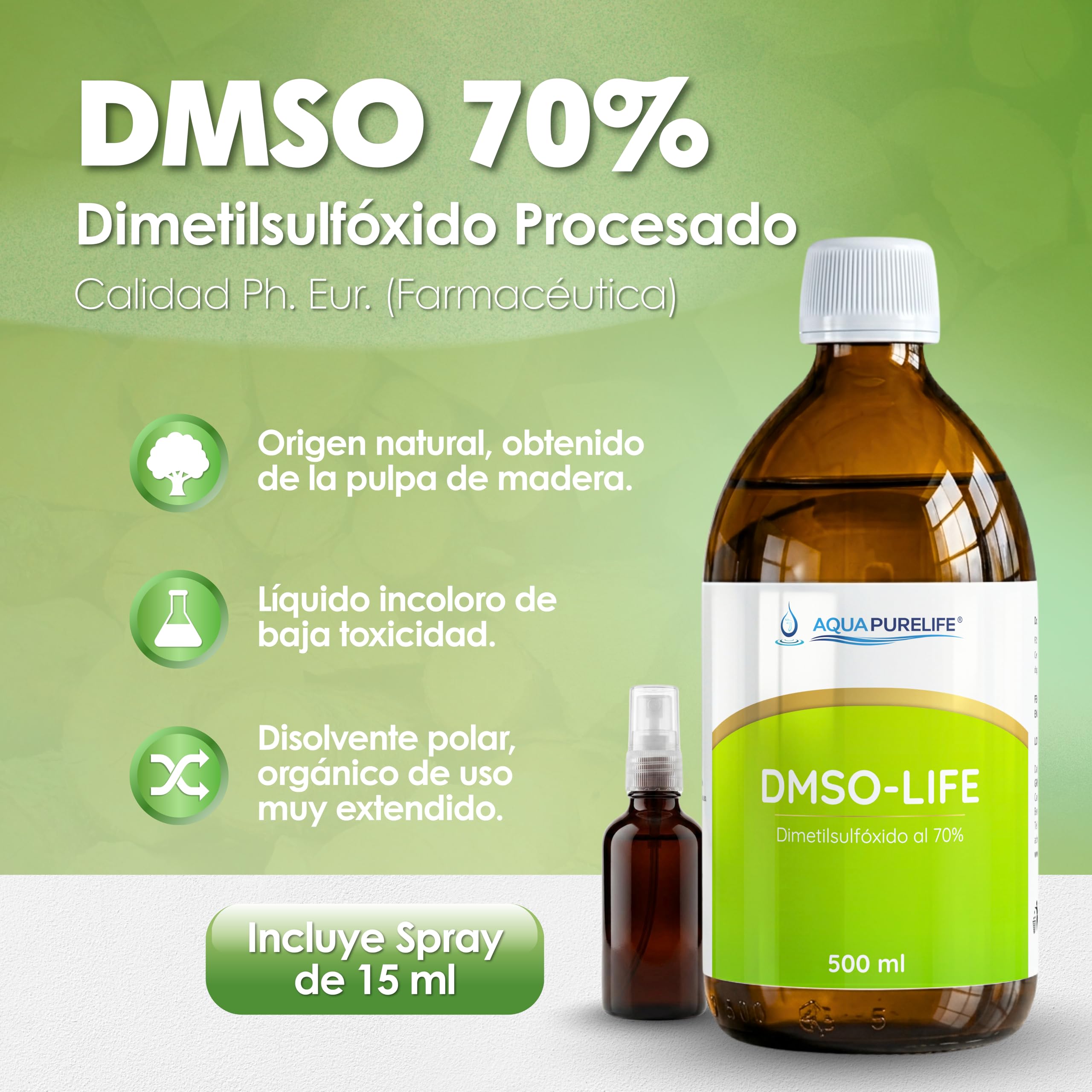 DMSO 70% avec compte-gouttes | Diméthylsulfoxyde 500 ml, qualité pharmaceutique | Solvant organique incolore | Flacon en verre ambré - Spray de 15 ml inclus