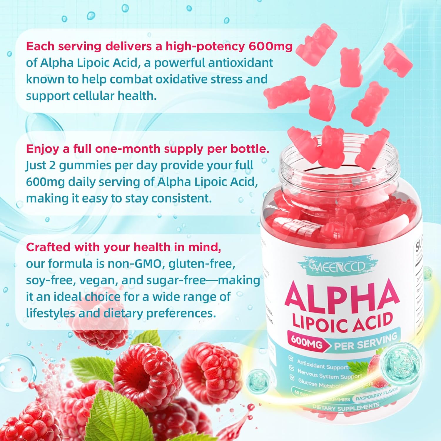 MEENCCD 2 Pack Alpha Lipoic Acid Gummies 600mg - ALA Supplement for Antioxidant Support, Vegan, Sugar-Free, Raspberry Flavor, 120 Count