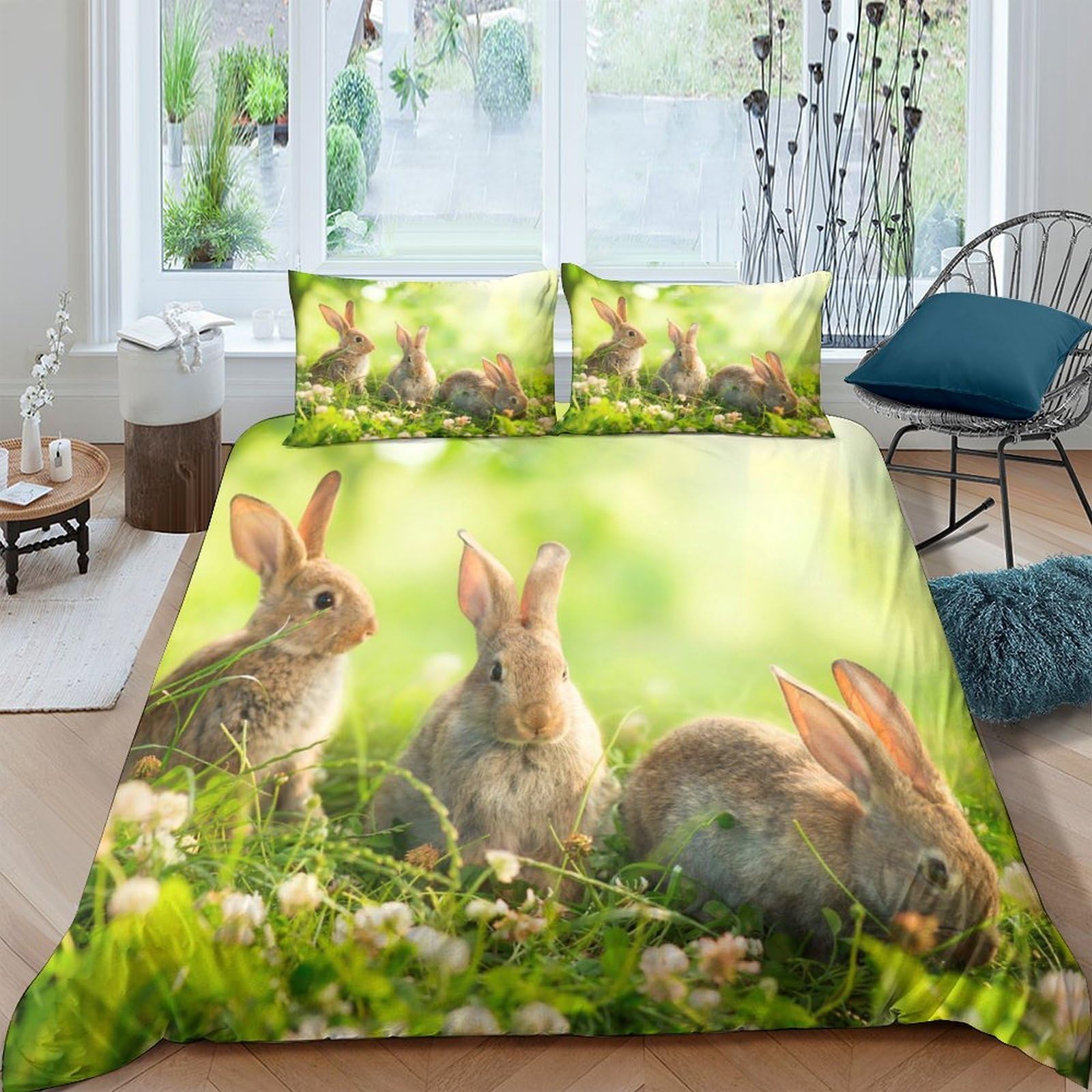 GPLZQXKJNH 3D Printed Rabbit Meadow Duvet Cover Set Microfiber Soft Breathable Spring Green Bedding with 2 Pillowcases Single（135x200cm）