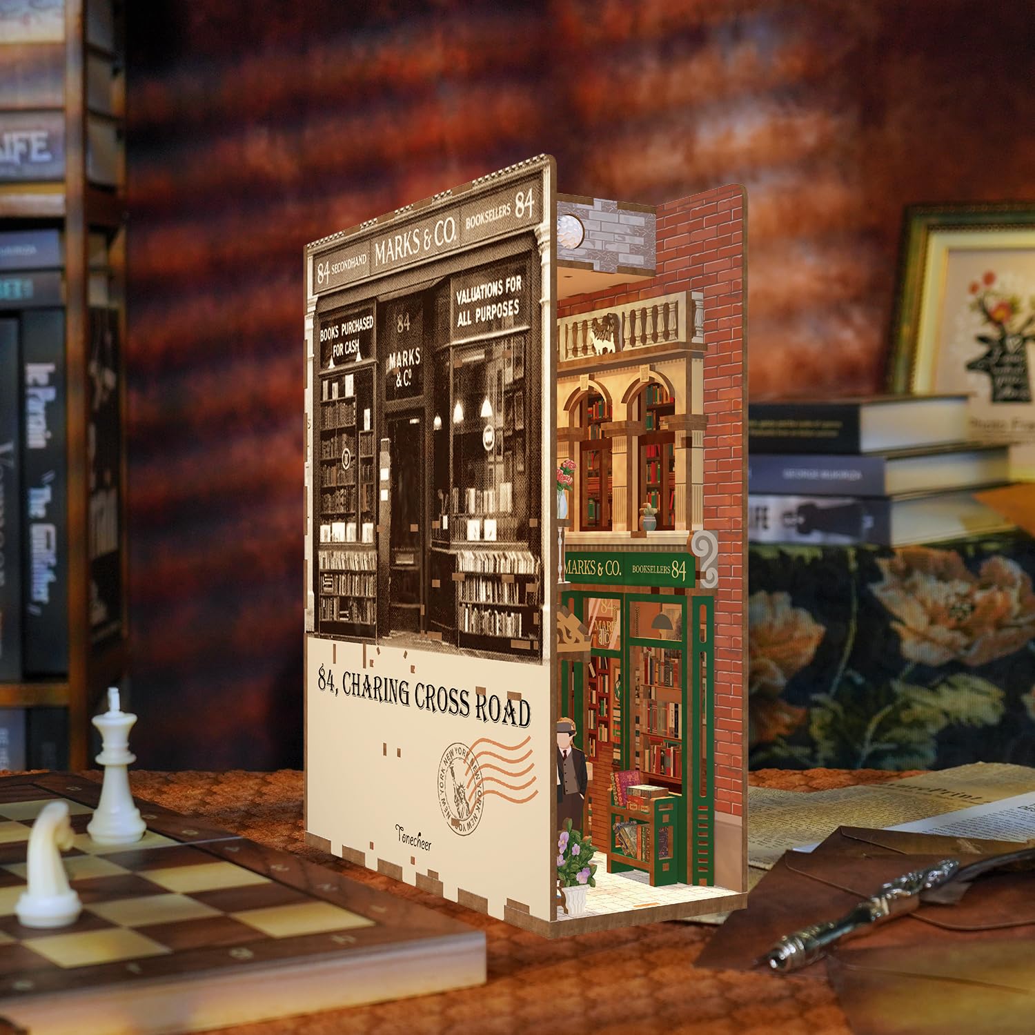 Tonecheer DIY Book Nook Kit Modellbausatz 3D Puzzle aus Holz für Erwachsene zum Baue Puppenhäuser Haus Bastelset mit Licht Personalisierte Geschenke(84 Charing Cross Road)