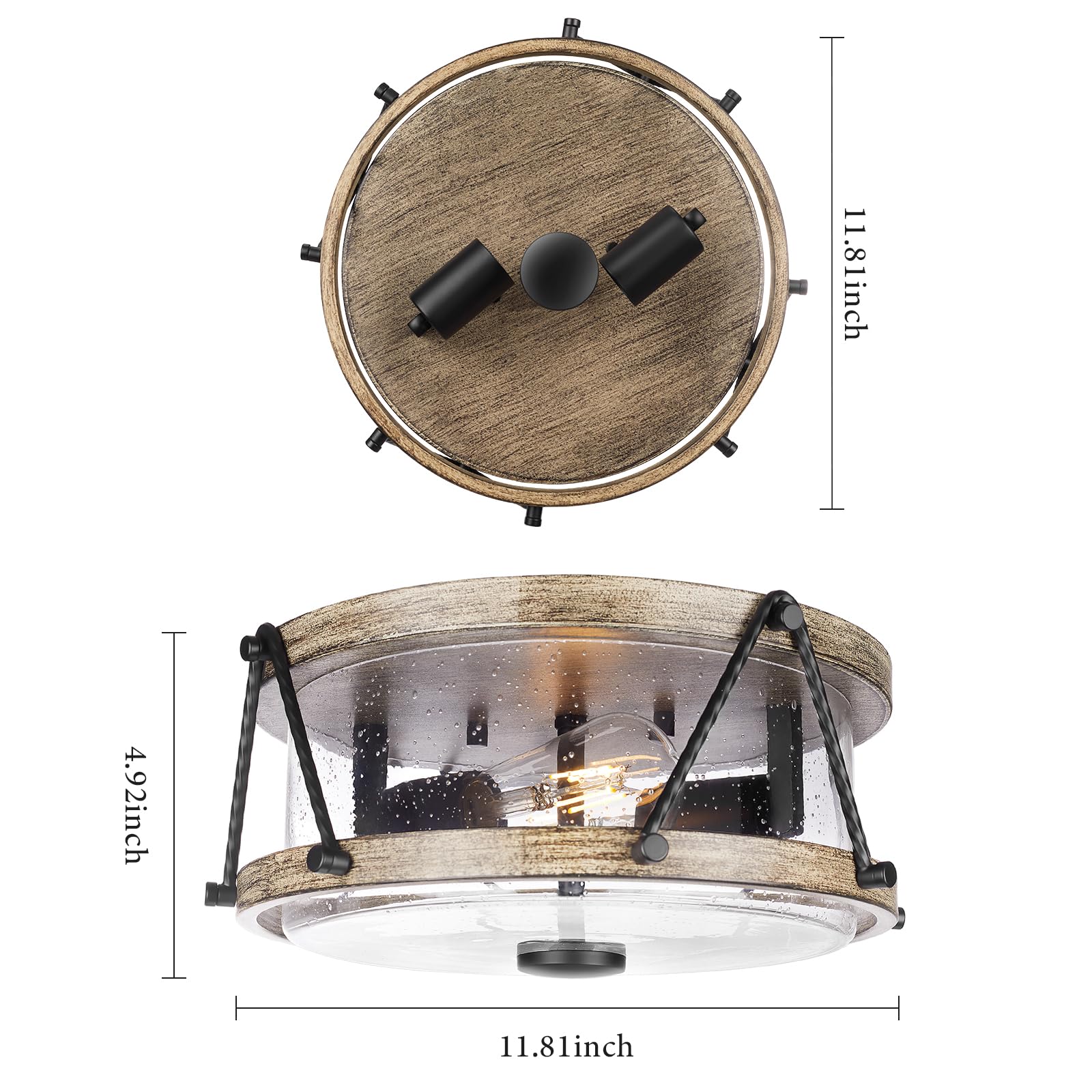 Farmhouse Flush Mount Ceiling Light - 11" Seeded Glass Fixture, Black Metal, ETL Listed, For Bedroom Kitchen
