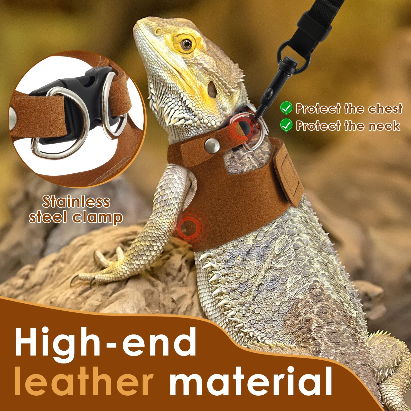3 Pack Bearded Dragon Harness and Leash Set Adjustable Soft Leather Lizard Harness 3 Sizes with Retractable Leash Small Animal Traction Rope Walking Vest Accessories for Lizards, Other Reptile