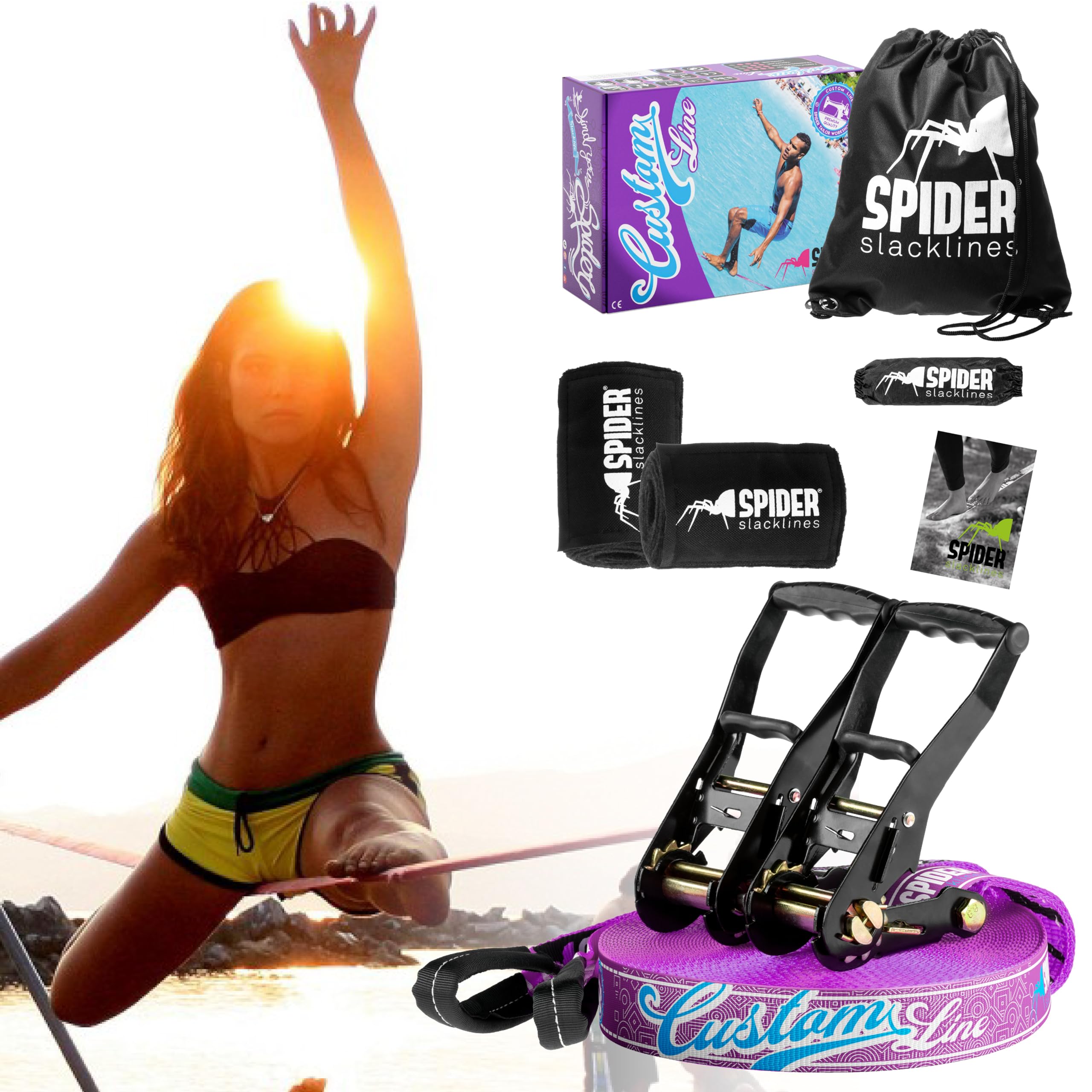 TKSA4 - Kit Slackline Custom slackliners experimentados o Principiantes - Set Completo - Longitud 30m con 2X Trinquetes