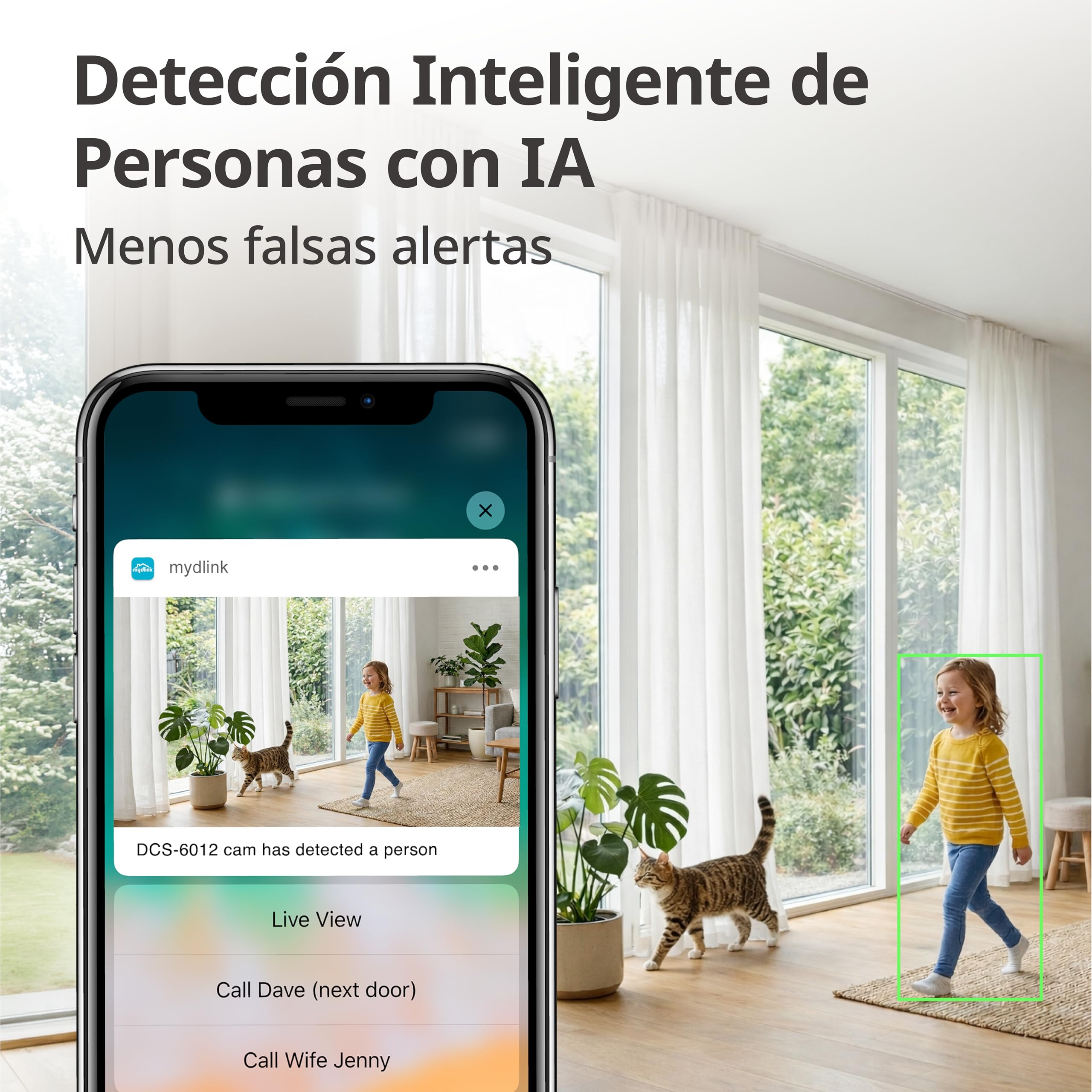 D-Link DCS-6013 Cámara Wi-Fi Interior 2K, Cámara de Seguridad 3MP con Detección Inteligente de Personas, Visión Nocturna, Audio Bidireccional, Alexa y Google