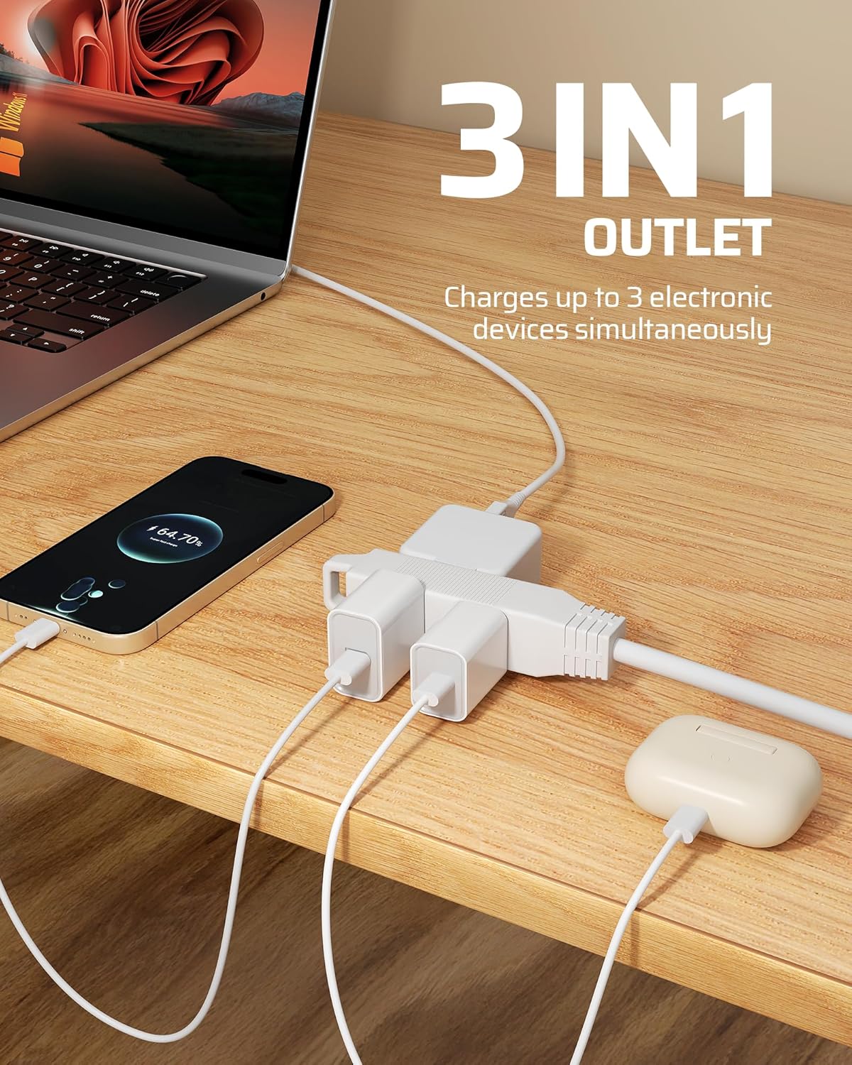 DEWENWILS 3FT 360° Rotating Flat Plug Extension Cord, 3 Prong Thin Power Strip, 16/3C 13A/125V/1625W, Rotating Plug for Indoor Narrow Space, SJT-3, ETL Listed, White, 2 Pack