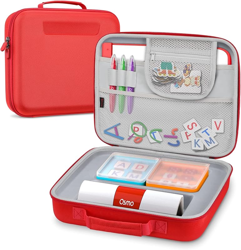 Hard Carrying Case for Osmo Games, Grab-and-Go Storage Organizer | Briefcase for Osmo Base for iPad, Creative Board, Markers, Pouch, Number, Tangram, Words Tiles, and Coding Blocks, Red