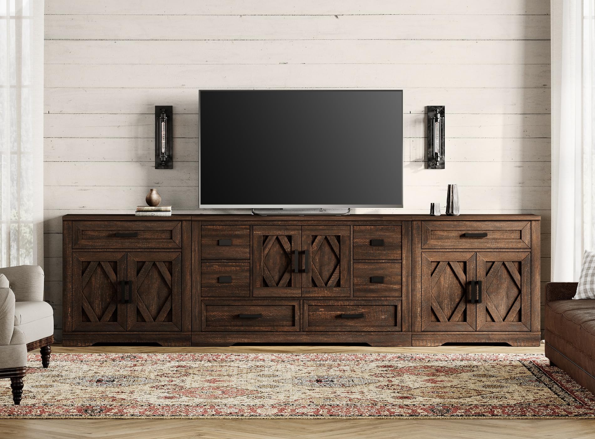 WAMPAT 117" W Large TV Stand,3-in-1 Farmhouse Entertainment Center with Storage Barn Door Cabinet,TV Console Table with Media Cabinet and Drawers for