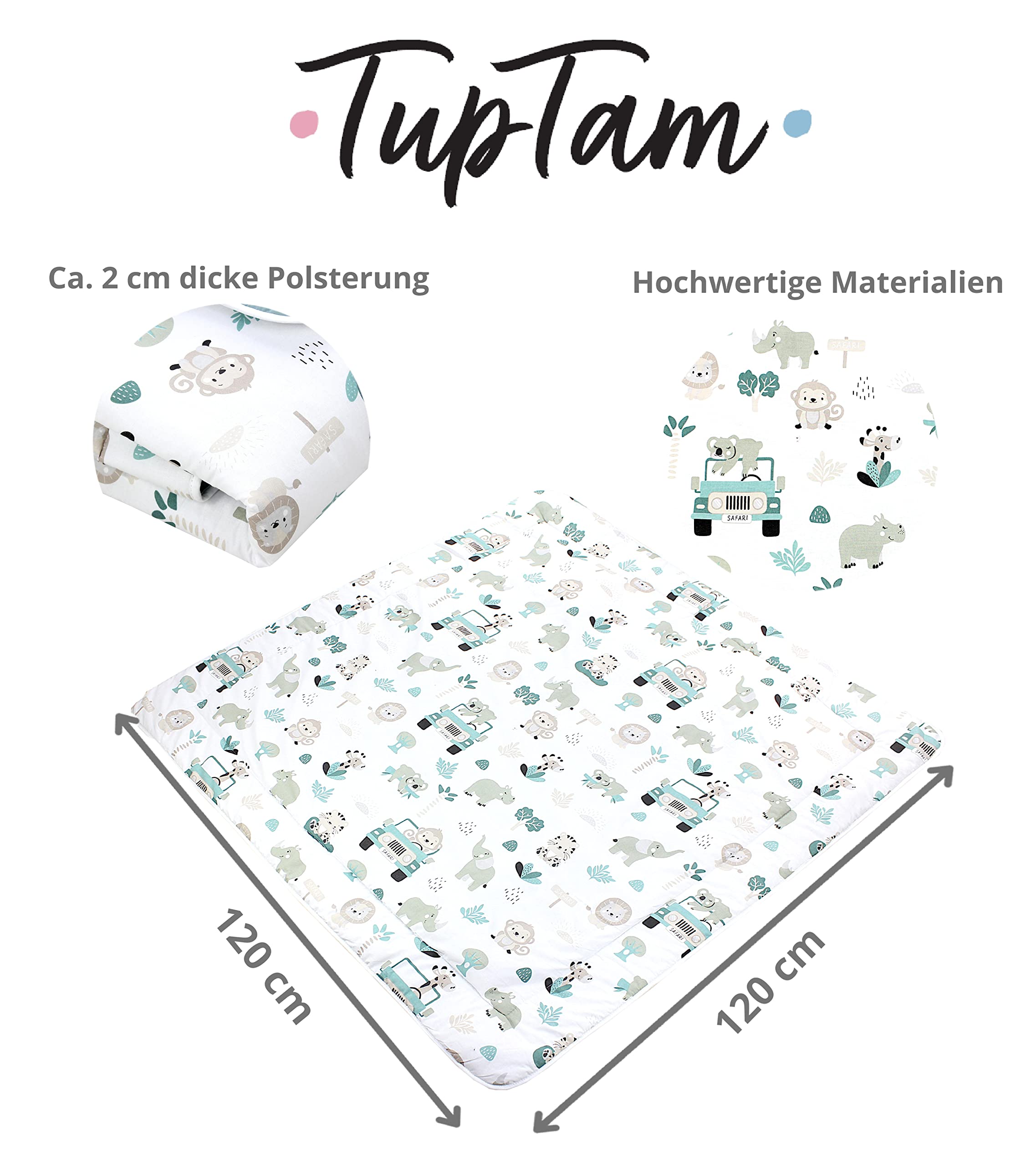 TupTam Baby Play Mat Manta para Niños Pequeños 120 x 120 cm Manta de Juego Grande para Niños Acolchada XXL, Zoo Verde - 5