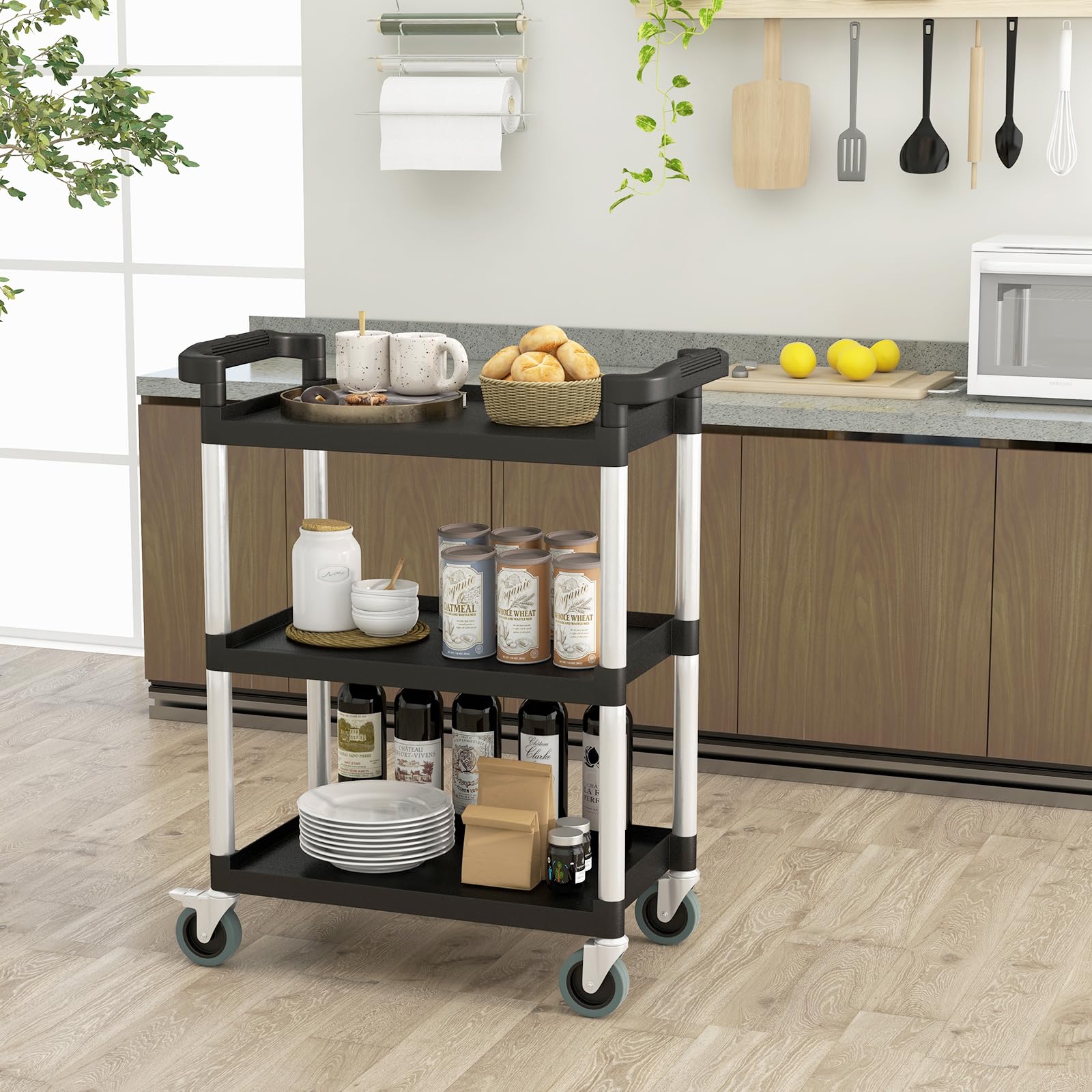COSTWAY Carrello Portautensili Attrezzi a 3 Livelli, Carrello di Servizio da Officino con Rutoe Bloccabili, Doppie Maniglie e Struttura Robusta in Alluminio, Portata 225kg, per Magazzino e Cucina