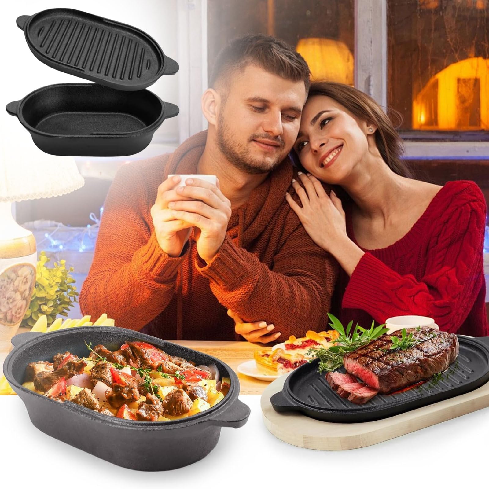 Pentola 2 in 1 in ghisa olandese, ovale 28 cm, grande padella in ghisa per cuocere il pane, pane e forno in ghisa con coperchio per cuocere a vapore, grigliare, zuppe, tostare, forno