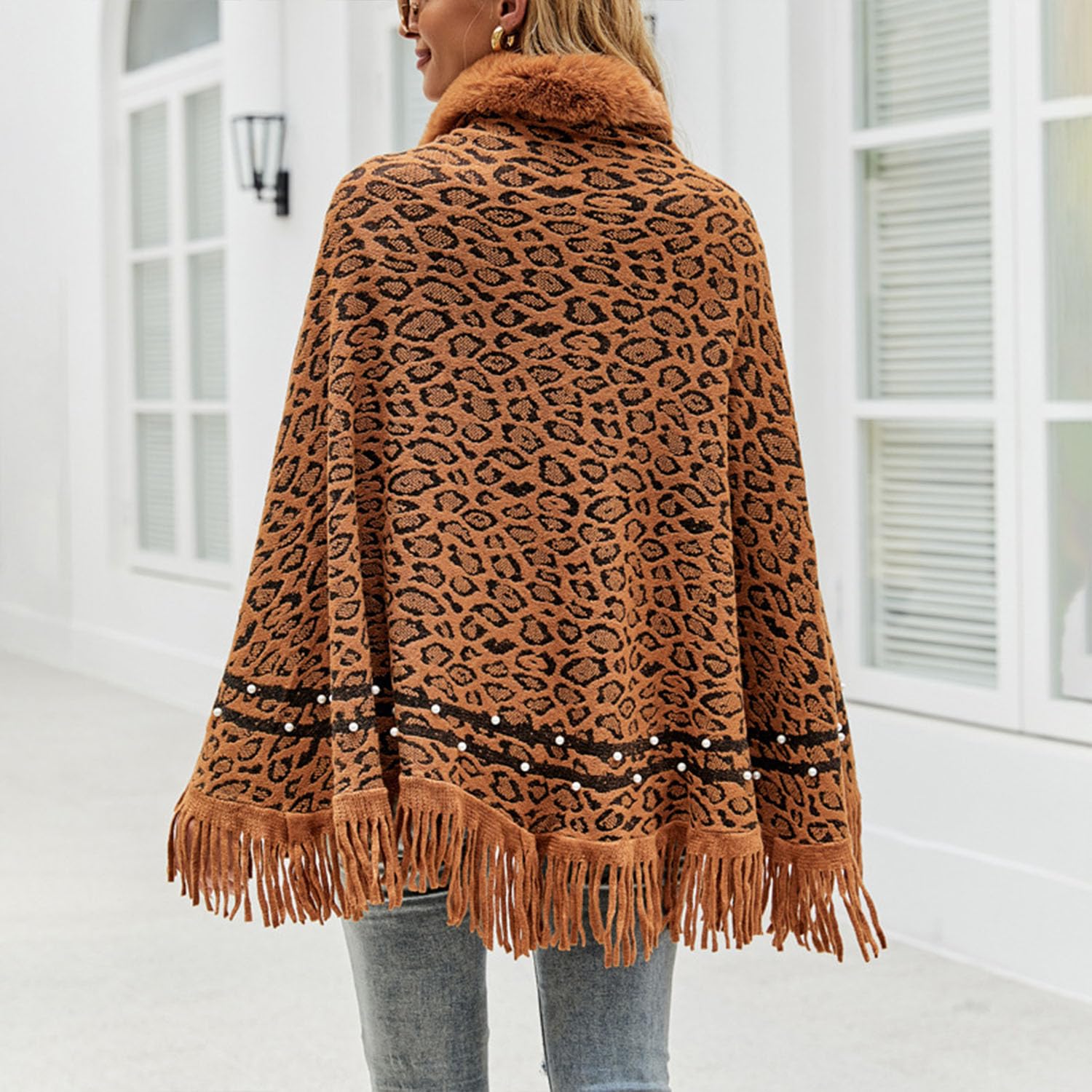 Frauen Gestrickt Schal Schal Leopard Kunstpelz Mantel Quaste Saum Warm Mantel Poncho Strickjacke Pullover Cape
