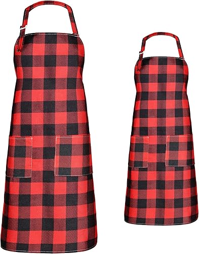Delantal de Navidad de 2 piezas, delantal a cuadros para padres e hijos, con bolsillos, juego de delantales a cuadros rojos y negros para cocinar,