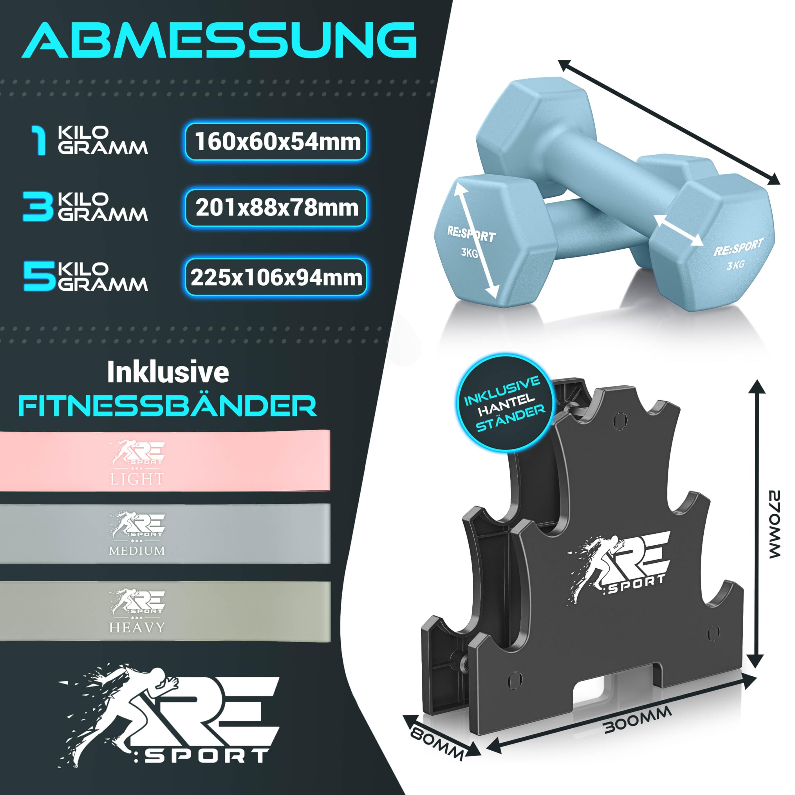 RE:SPORT® Hantel-Set 3 Paar, 1kg - 5kg, 12kg oder 18kg mit Ständer & 3x Fitnessbänder | Rutschfeste Neopren Kurzhanteln für Damen & Herren | Hanteln Hantelset