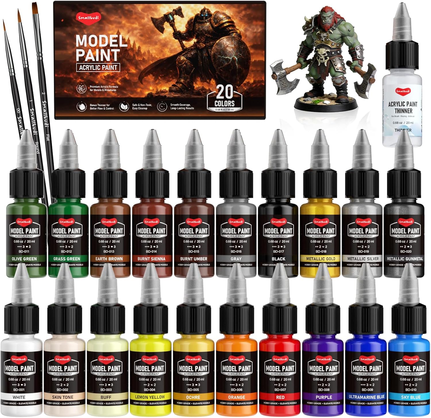 Smallbudi 20 Colors Model Paint Set (20ml/0.6oz), Modeling Acrylic Paint Set with 3 Brushes and 1 Thinner for Brush Use & Airbrushing, Miniature Paint Set for Models, Gaming Figures, 3D Prints, Crafts