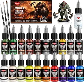 Smallbudi Conjunto de tinta de modelo de 20 cores (20 ml), conjunto de tinta acrílica para modelagem com 3 pincéis e 1 mais fino para uso de pincel e aerografia, conjunto de tintas em miniatura para