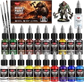 Smallbudi Conjunto de tinta de modelo de 20 cores (20 ml), conjunto de tinta acrílica para modelagem com 3 pincéis e 1 mais fino para uso de pincel e aerografia, conjunto de tintas em miniatura para