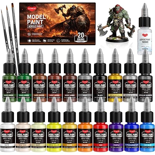 Smallbudi 20 Colors Model Paint Set (20ml/0.6oz), Modeling Acrylic Paint Set with 3 Brushes and 1 Thinner for Brush Use & Airbrushing, Miniature Paint Set for Models, Gaming Figures, 3D Prints, Crafts