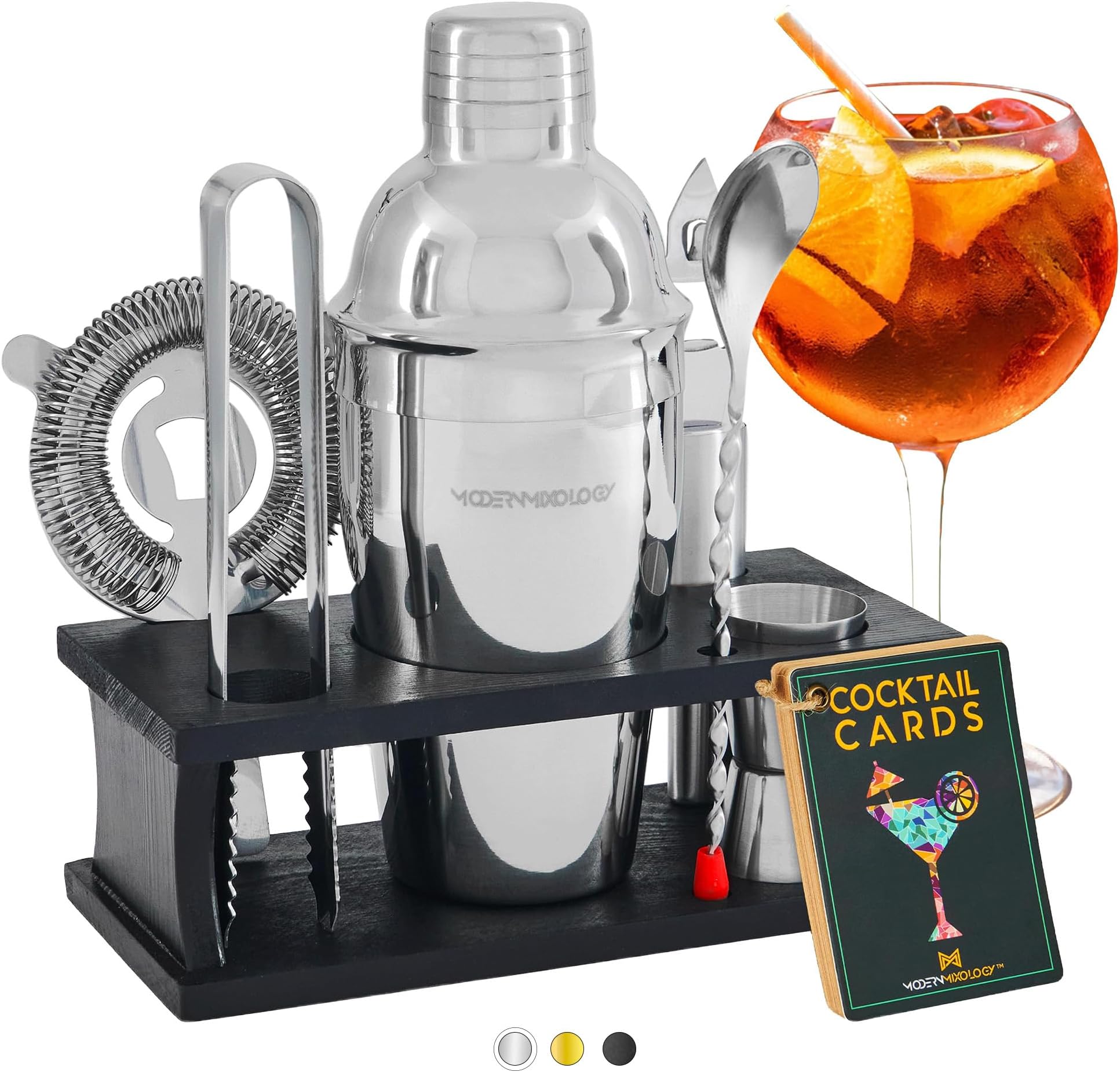 Modern Mixology Cocktail Shaker Set - 8 Piece Bartender Kit on Quality Pine Stand | Complete Cocktail Kit Gift Set | Top Bartender Gifts for Men | Leak Proof Design (Silver)