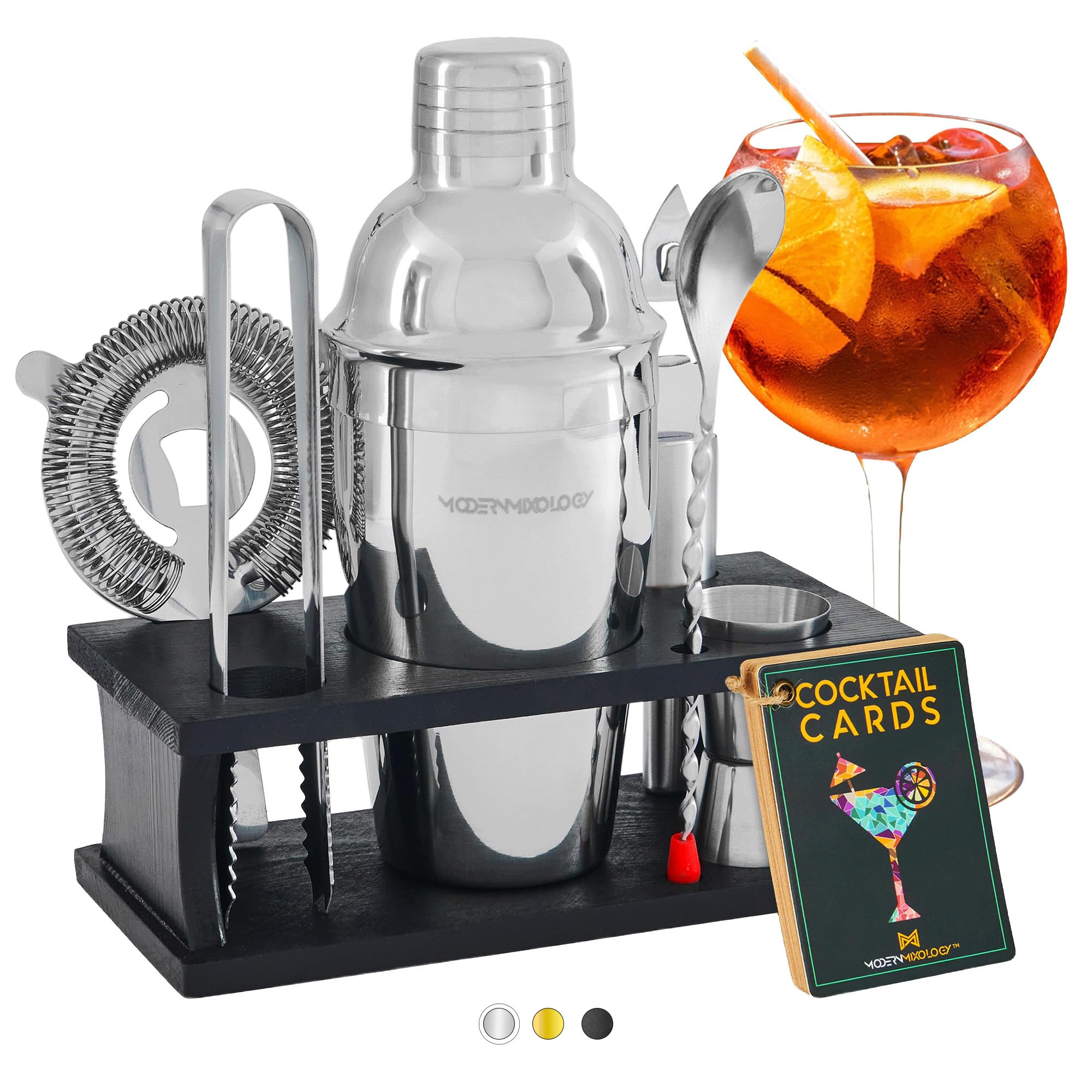 Modern Mixology Cocktail Shaker Set - 8 Piece Bartender Kit on Quality Pine Stand | Complete Cocktail Kit Gift Set | Top Bartender Gifts for Men | Leak Proof Design (Silver)