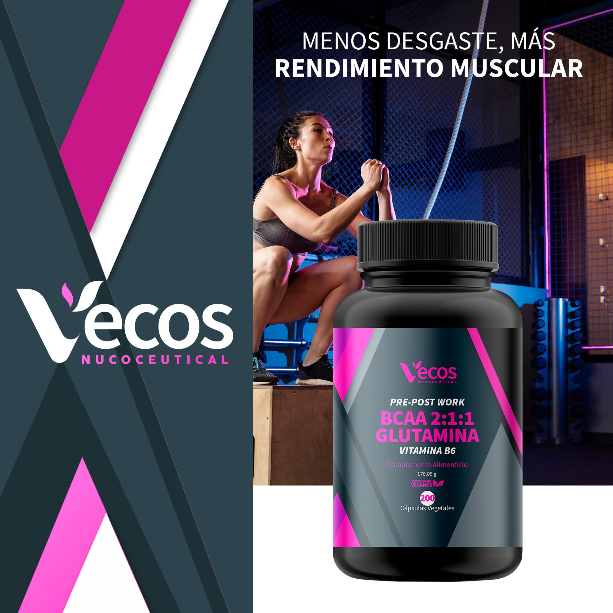 Suplemento Deportivo Pre y Post Workout | BCAA 2:1:1 + Glutamina + Vitamina B6 | Contribuye al Crecimiento y la Recuperación Muscular