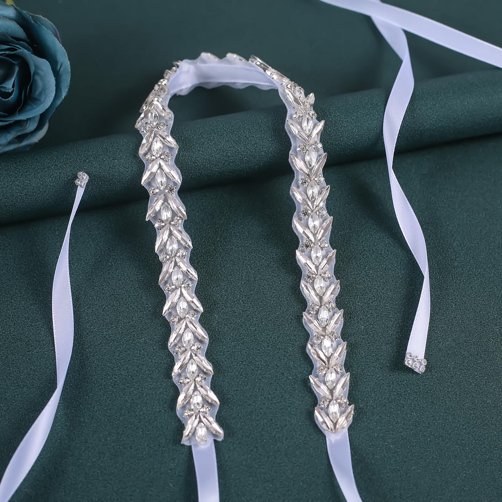 Jovbridsea Crystal Wedding Sash Belt with Rhinestone Bridal Belt Handmade Bridesmaid Belts for Dress (Sliver,White)
