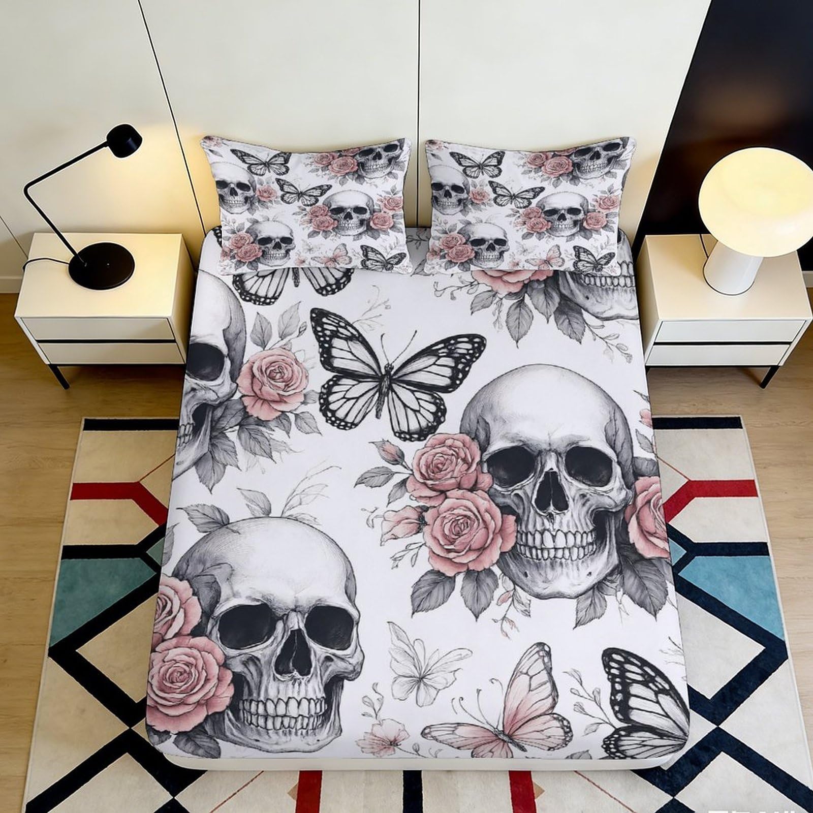 3D Printed Skull Rose Fitted Sheet Microfiber Non Slip Butterfly Bed Cover for Bedroom Guestroom Dustproof Washable Decor 90x200x25cm