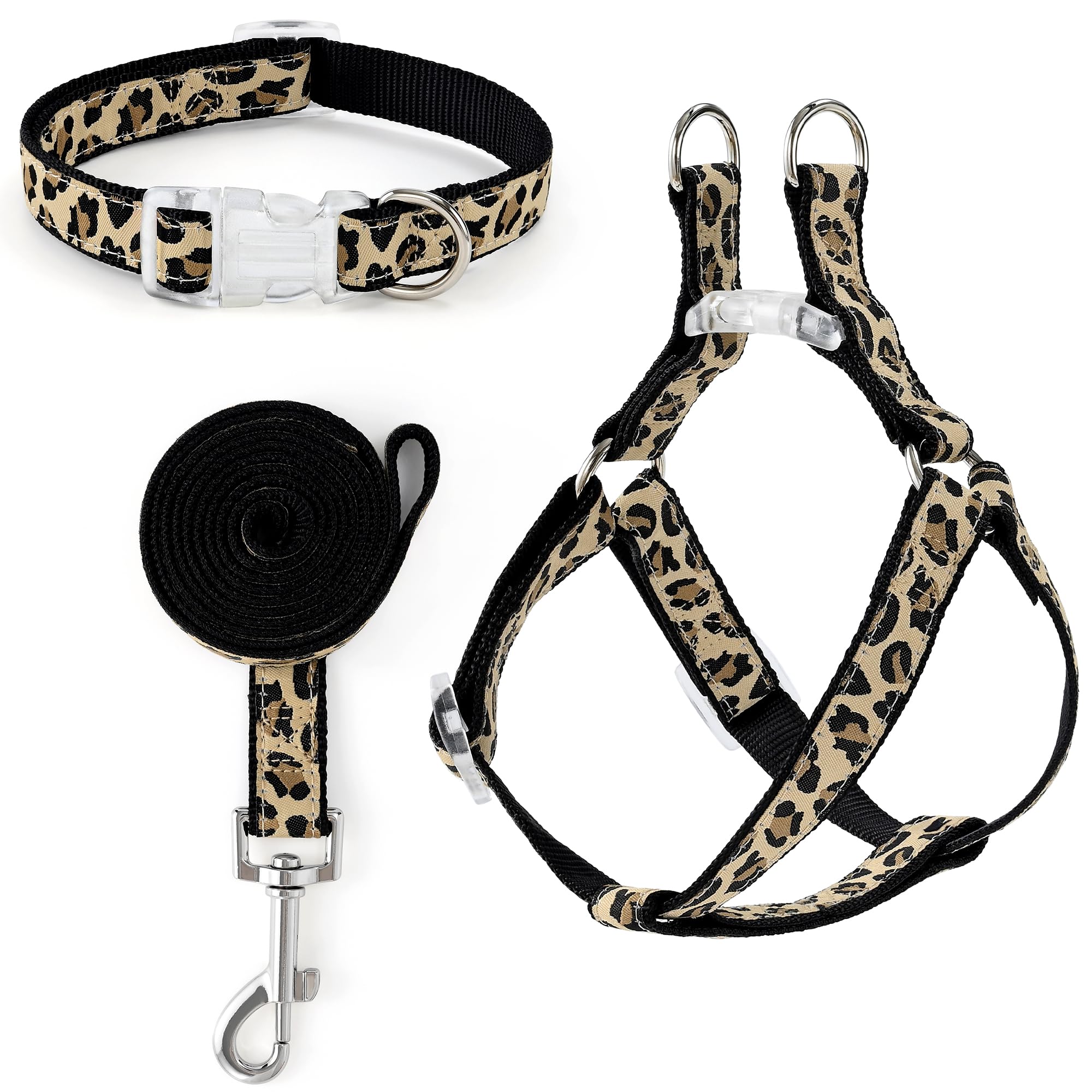 Mile High Life Leopard Dog Harness Collar Leash Set, Adjustable No Pull Dog Halter Harness for Small Breed Dogs, Easy Control for Training Walking (Black, M Chest 15"-21", Neck 13"-17")
