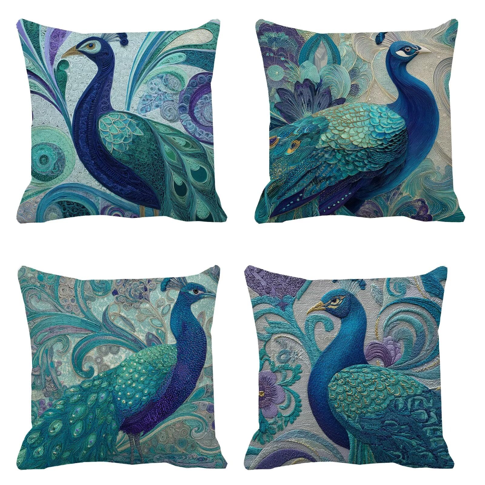 Housse Coussin 55x55 Le paon Taie d'oreiller, Lot de 4 Lin taie oreiller, Vert Carré oreiller pour décorative la maison O Festivals Cadeaux, Fermeture à glissière invisible, Lavable en machine. B-546