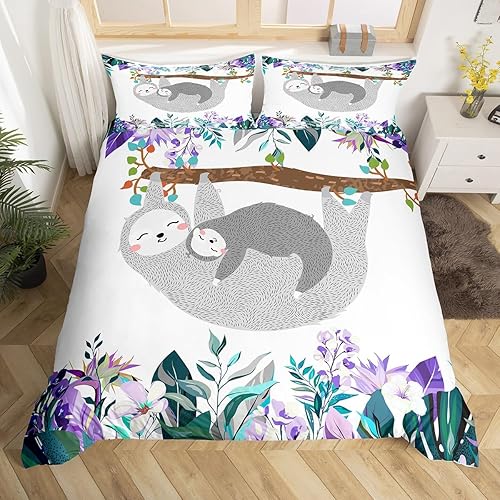 Miniatura 3 de Erosebridal Juego de ropa de cama de perezoso tamaño Queen, adorable funda de edredón de perezoso en el árbol para niños y niñas, funda de edredón