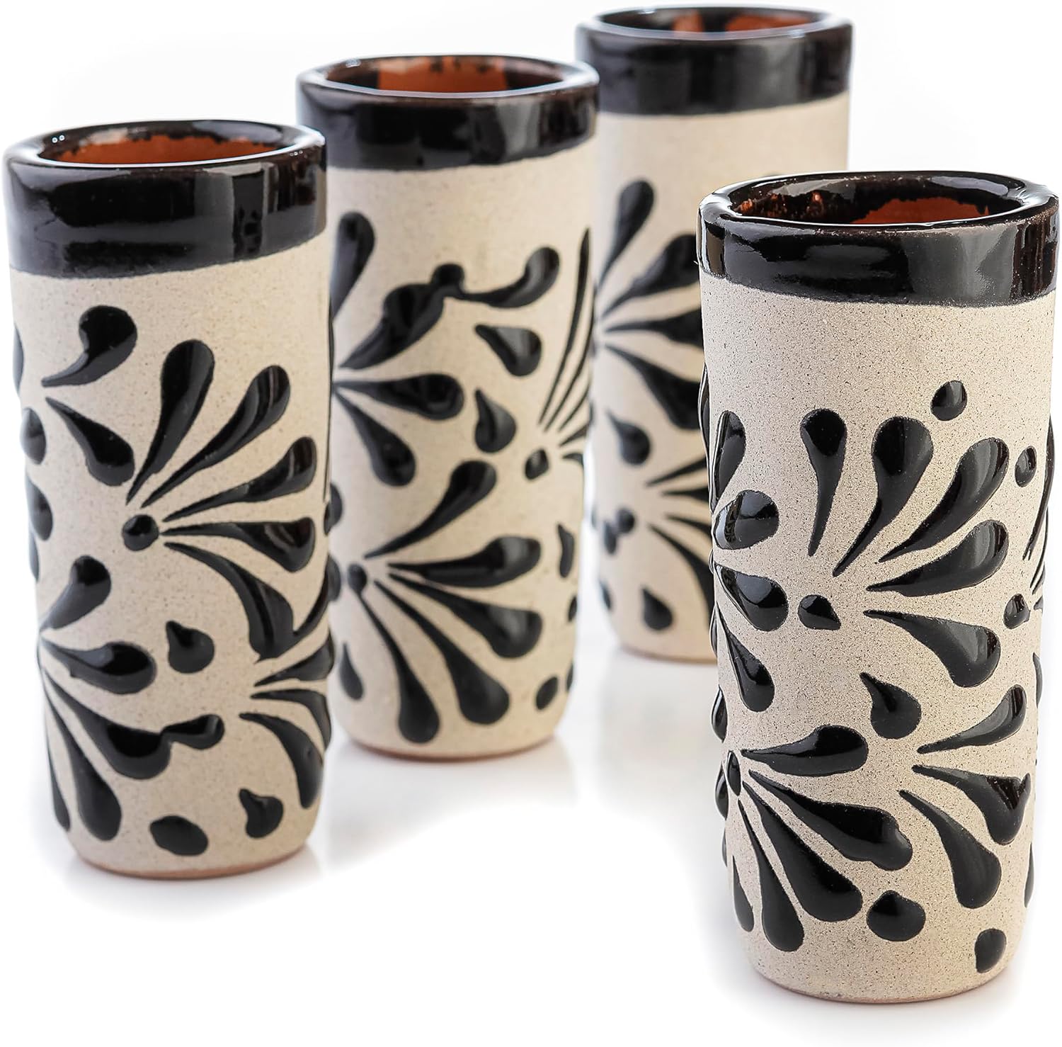 Handcrafted Ceramic Shot Glasses, White Floral Pattern, Terracotta Interior, Set of 4, Traditional Mexican Design (Black Floral Pattern)