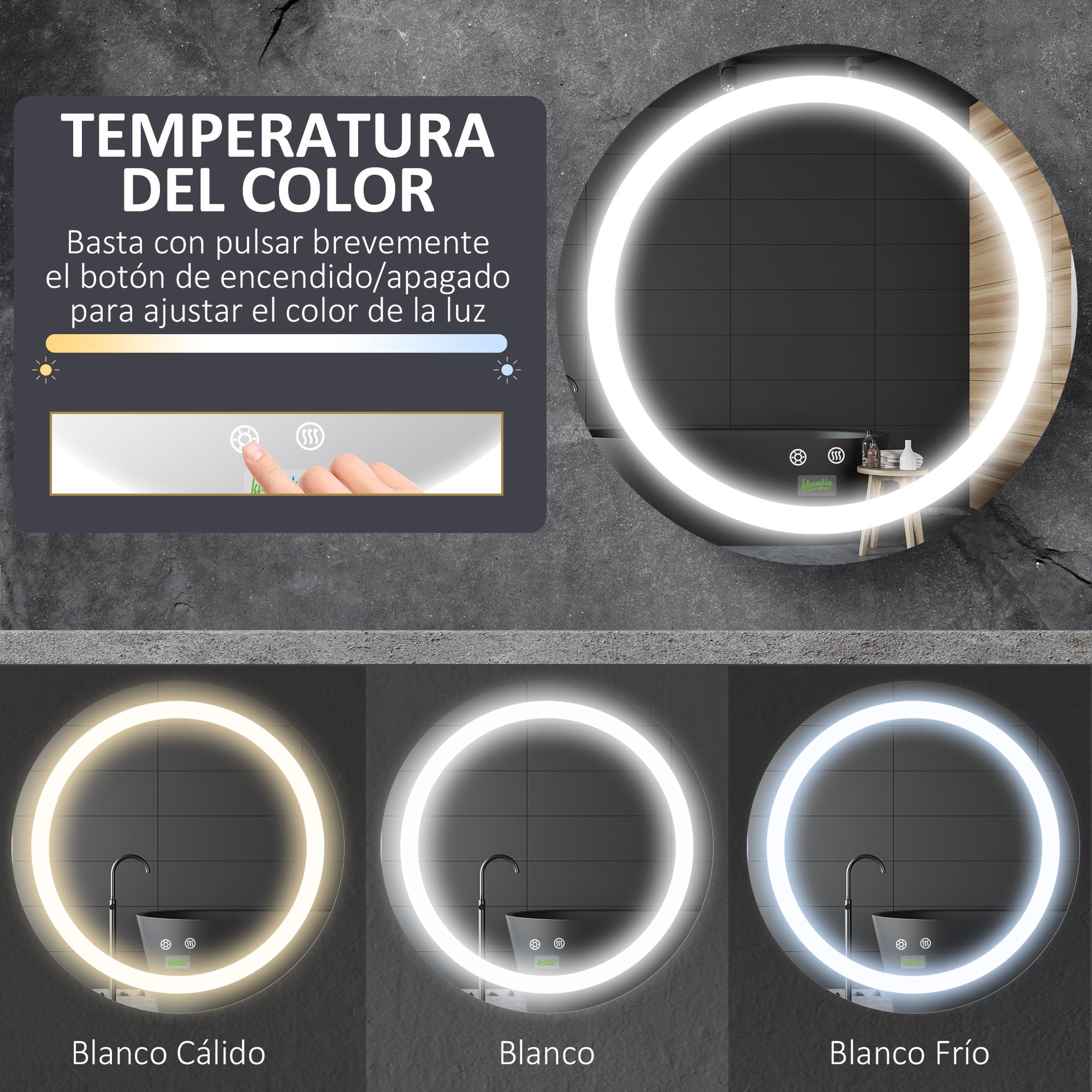 kleankin Espejo de Baño con Luz LED Redondo Ø50x4,6 cm Plata | De Pared, Interruptor Táctil, 3 Luces Ajustables, Función de Memoria, Antivaho, Marco de Aluminio, Pequeño