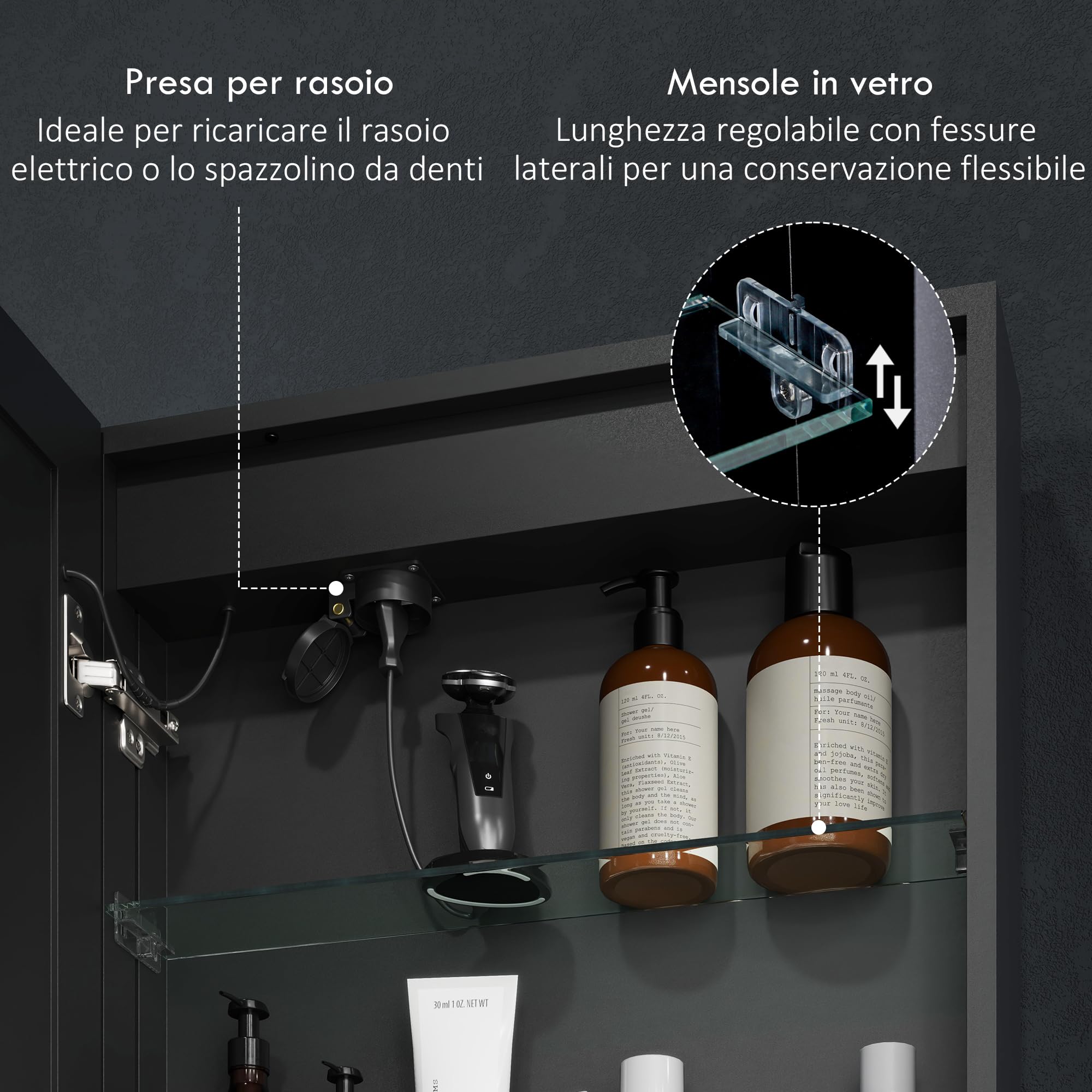 HOMCOM Armadietto a Specchio per Bagno con Luci LED e Presa per Rasoio, Armadietto a Parete con Specchio, Pad Anti-Appannamento, Dimmer, 3 Colori, Mobile da Bagno, Nero