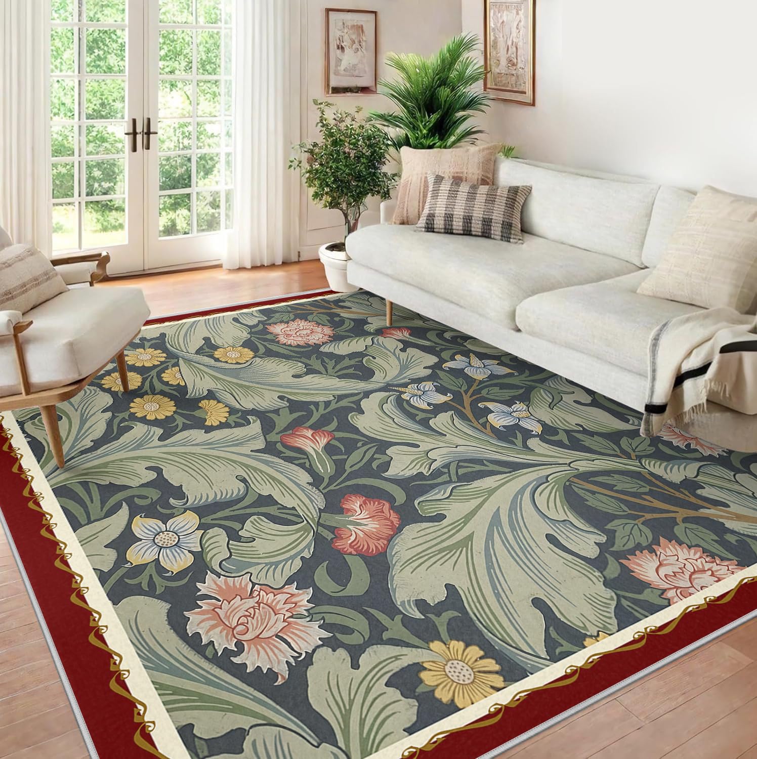 Dywan wiejski 60x120cm cienki zmywalny botaniczny antypoślizgowy do salonu sypialni kuchni podłoga kwiat wielokolorowy wzór zielonego liścia krótkie włosie w kratkę