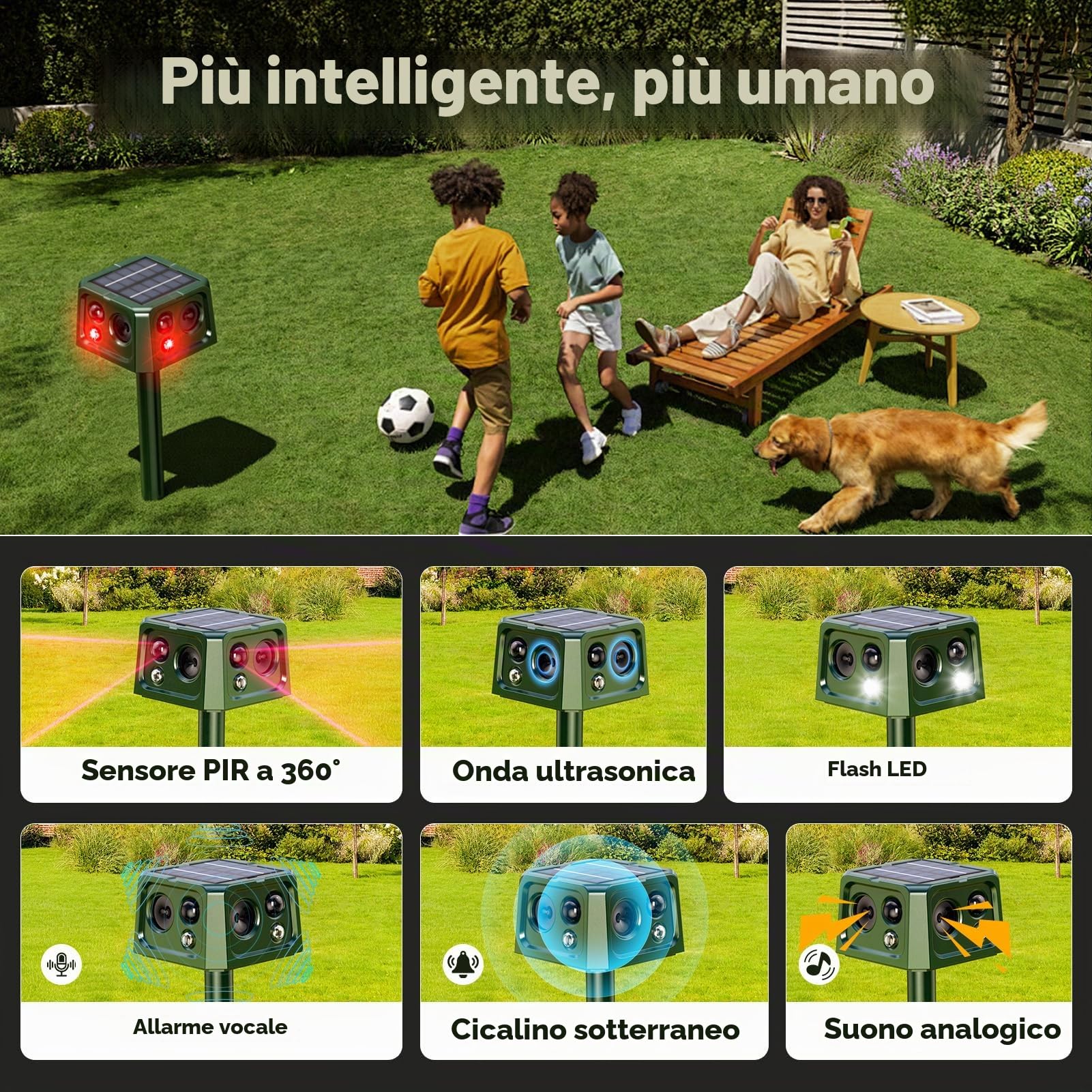 Repellente per Gatti, 360° Repellente per Animali ad Energia Solare con Sensore di Movimento e Luce Lampeggiante, 5 Modalità Ultrasuoni Repellente per Topi Uccello Puzzola Scoiattolo Procione Coniglio