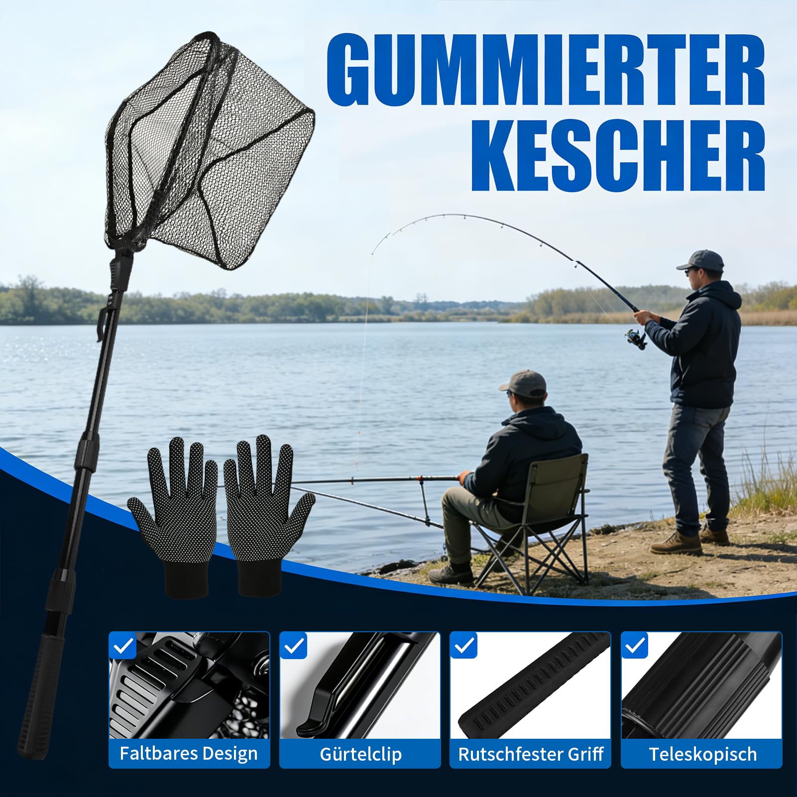 Fishing Kescher Angeln, Teleskop Gummierter Angelkescher - Stabil, Faltbar und Fischfreundlich, Unterfangkescher Angel Kescher Teich Karpfenkescher für Teich Pool Angeln