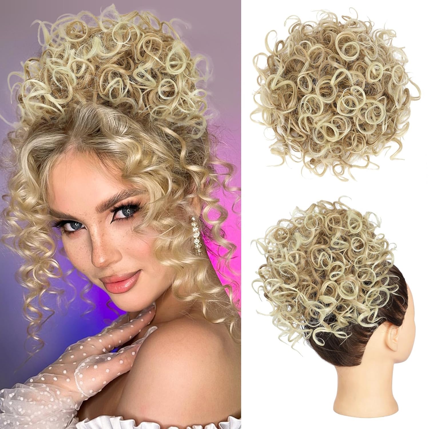 Lommel Messy Hair Bun Hair Piece,Drawstring Loose Curly Hair Buns Scrunchies Natural Soft Ponytail Thick Updo Fake Hairpiece Bun for Women Daily Use(Honey Blonde Ombre Platinum Highlights)