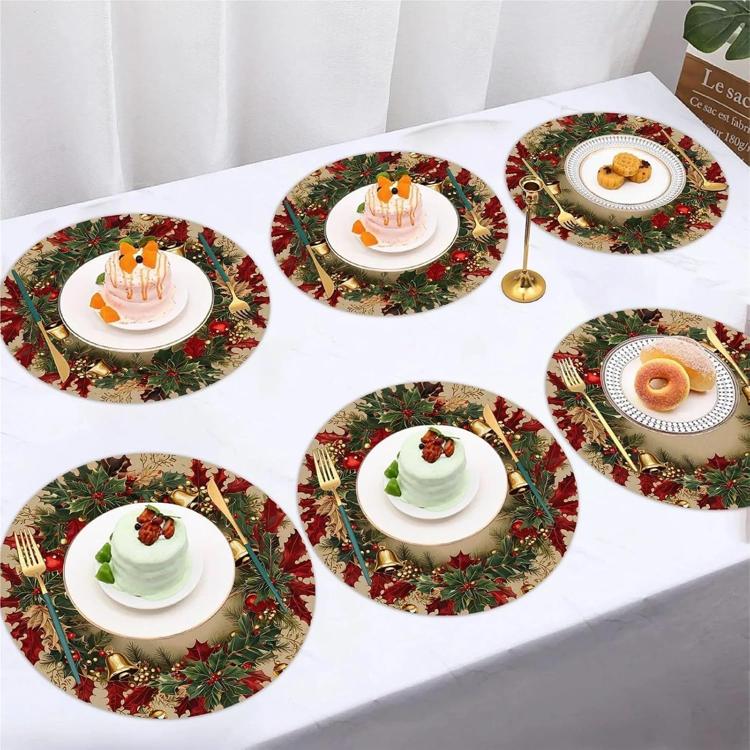 6PC Christmas Holly Berry Meal Mat Round Home Dining Table Holiday Party Desktop Decoration and Accessories