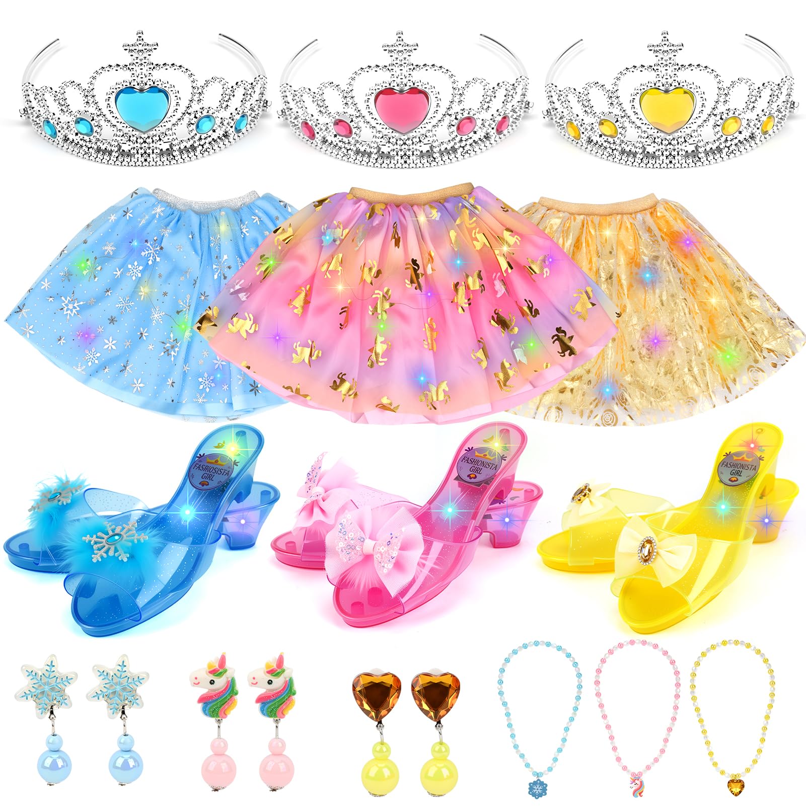 Dreamon Light-Up Princess Dress Up Shoes 3 Themes Princess Costume for Girls with Earrings Necklaces Crown for 3 4 5 6 Aged Kids Girls Christmas