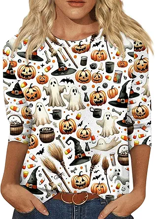 Halloween Shirts for Women 3/4 Sleeve Plus Size Crewneck Loose Fit Cute T Shirt Halloween Costumes for Women 2025