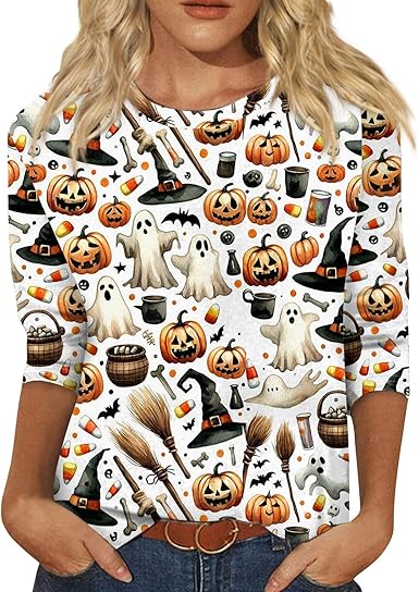 Halloween Shirts for Women 3/4 Sleeve Plus Size Crewneck Loose Fit Cute T Shirt Halloween Costumes for Women 2025