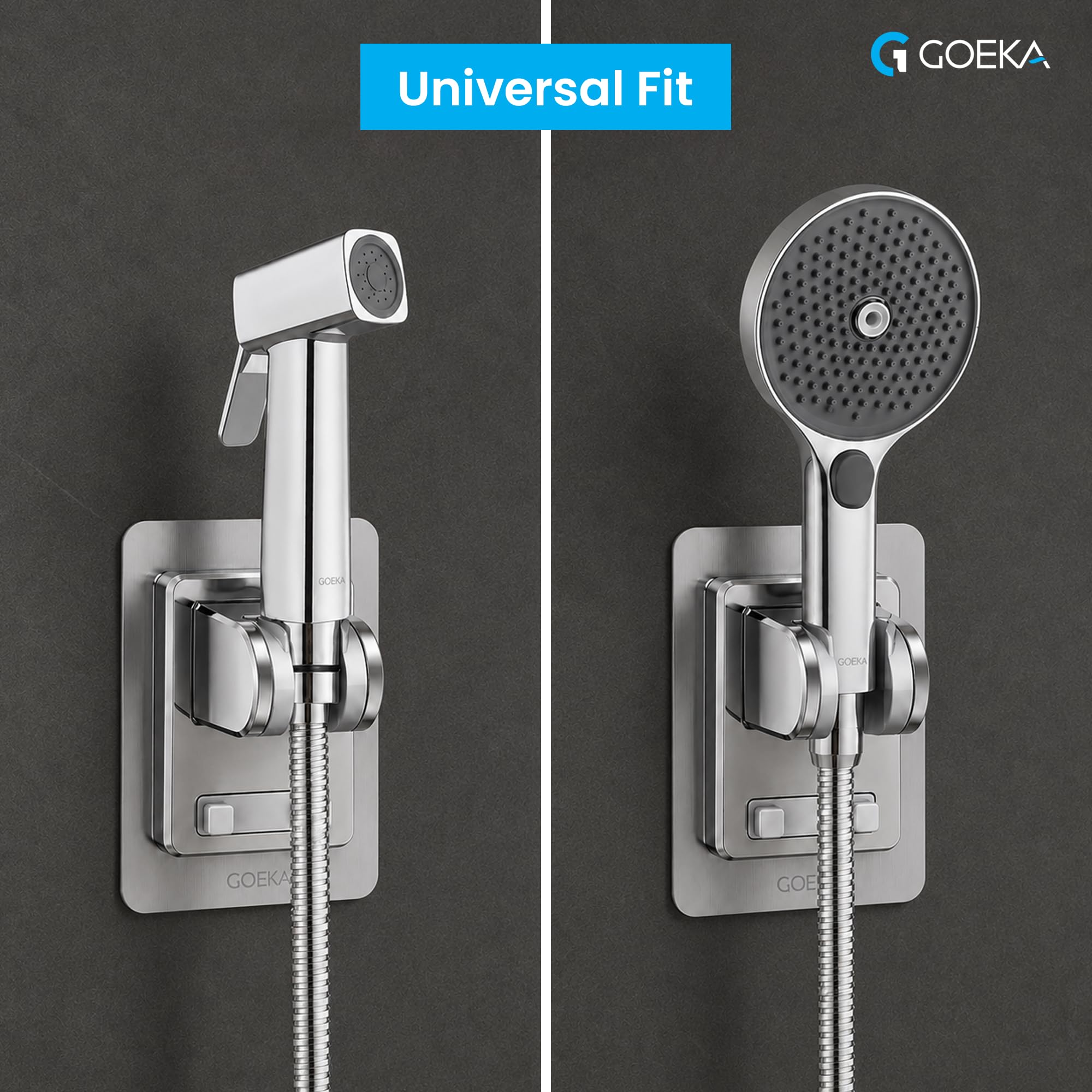 GOEKA® Self Adhesive Hand Shower Holder for Bathroom Wall | Durable ABS Body | Adjustable & Waterproof Wall Mount Shower Head Hook | No Drill Mop/Broom Holder for Kitchen & Bathroom (Silver) 3
