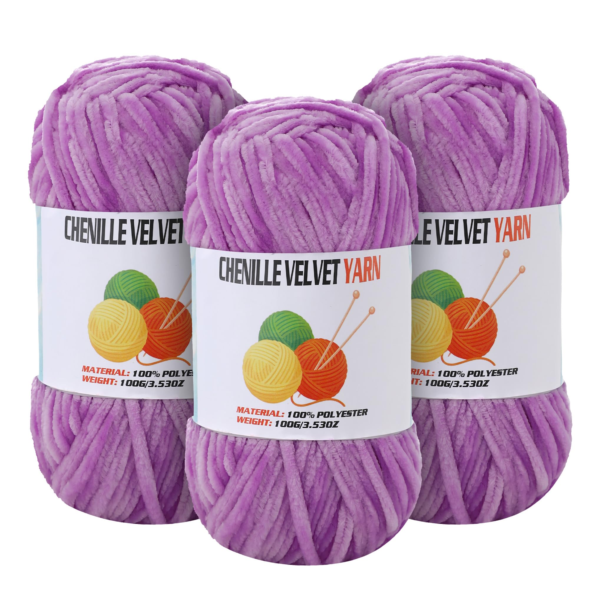 3 * 100g Velvet Chenille Chunky Yarn for Crocheting, Handcrafts Weaving Soft Chenille Yarn for Crocheting Clearance, Used for Making Baby Yarns Blanket, Clothes, Knitting Creations (Light-Purple)