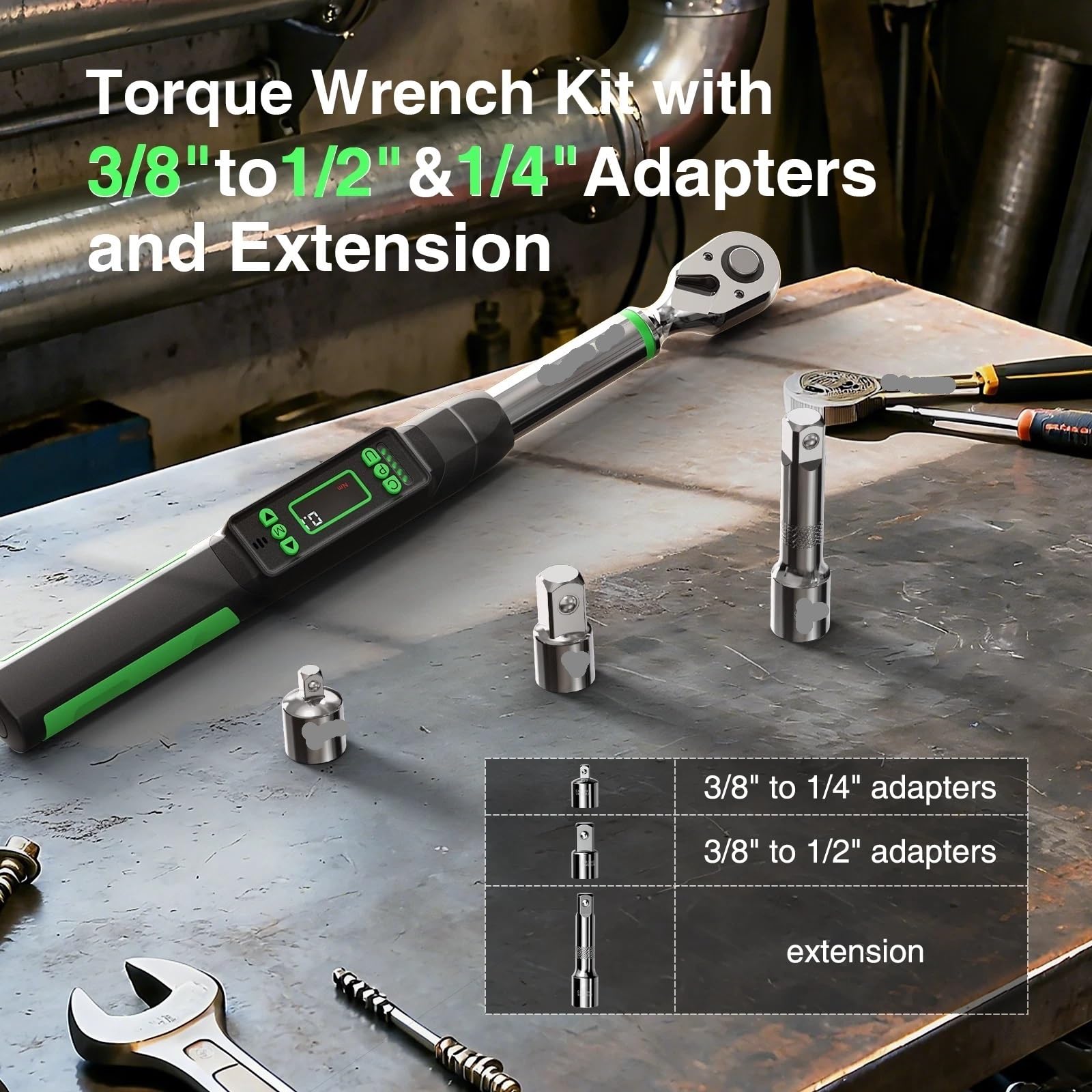 Telescopic Ratchet Cyfrowy klucz dynamometryczny 3/8 cala z adapterem 1/4 1/2 Dwukierunkowa głowica grzechotkowa Mini Electronic mały klucz dynamometryczny