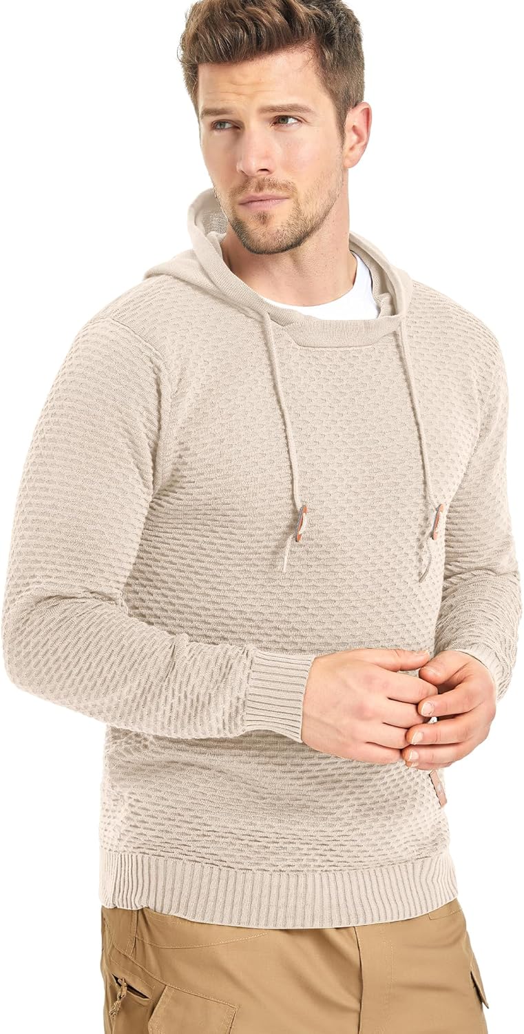 HYPESTFIT Men's Form Fitting Knit Pullover Sweater Hoodie Drawstring Hooded Sweatshirt X-Large Khaki