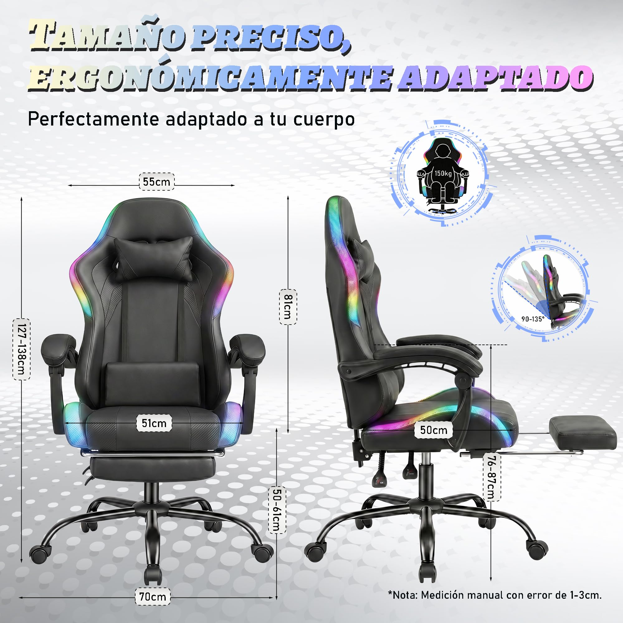 Devoko Silla Gaming con Masajeador y LED, Silla de Oficina Ergonómica con Reposapiés, Sillas Gaming para Oficina y Juegos con Iluminación RGB（Negro）