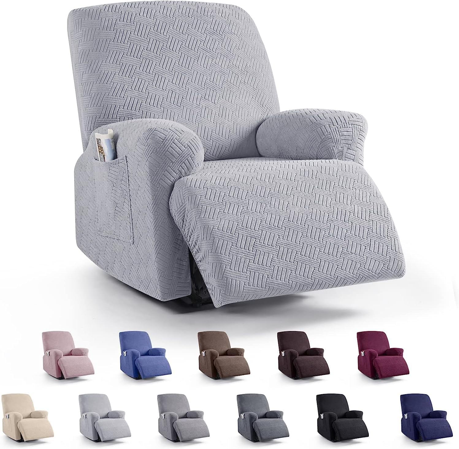 Recliner Chair Cover, Solid Colours Couch Sofa Slipcover with Pockets, Soft All-Inclusive Form Fit Stretch Furniture Protector for Recliner (Light Grey Stripes,One Size)